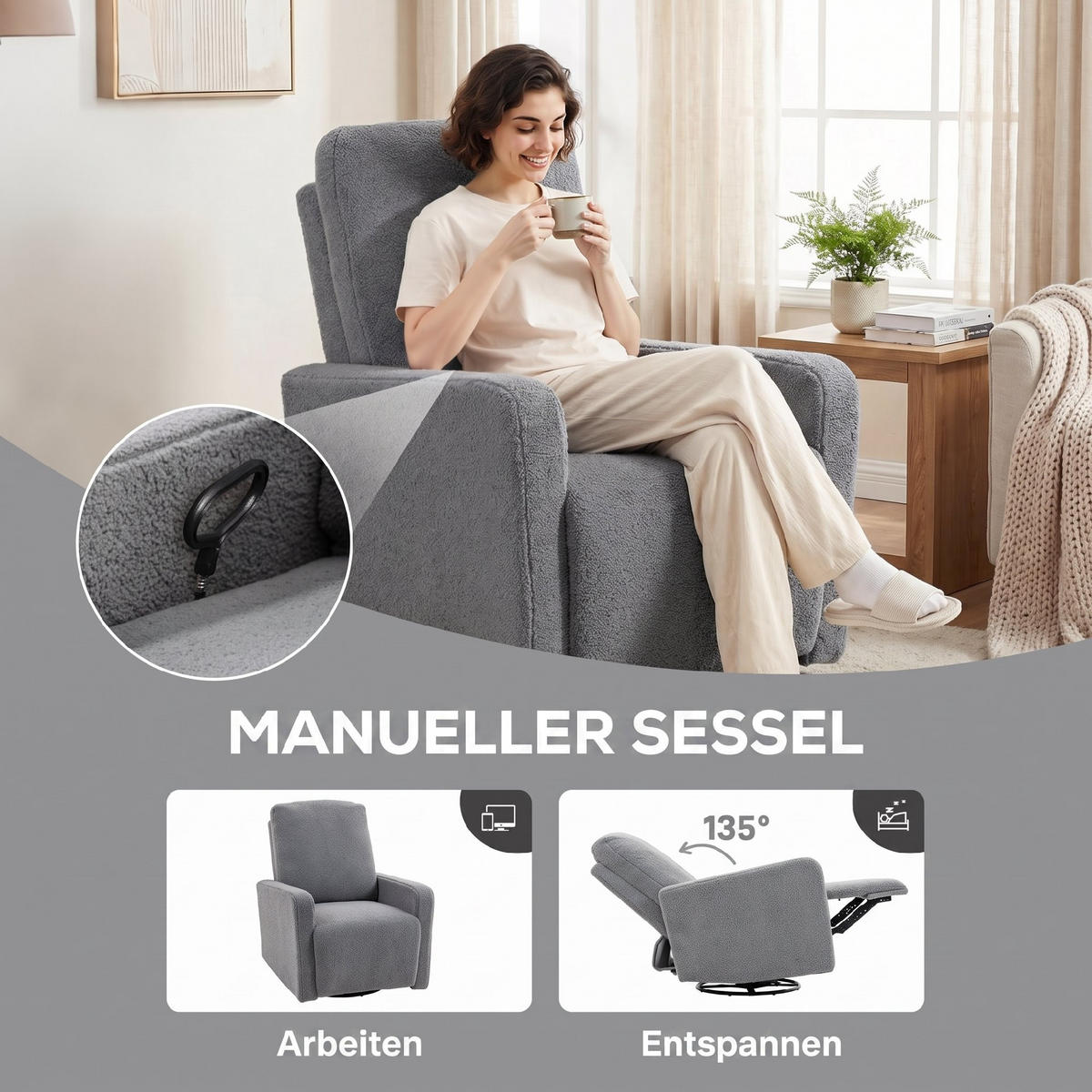 RELAXSESSEL, Fernsehsessel mit Liegefunktion, Wippfunktion, Fleece-Optik Grau - Grau, Textil/Metall (76/100/94cm) - HOMCOM