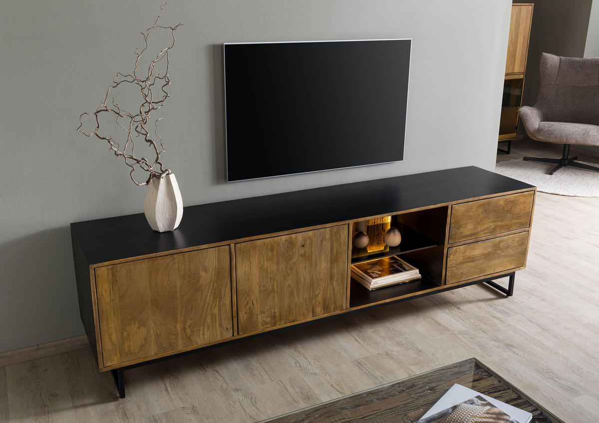 TV-BOARD Mango / Altholz 220x47x60 schwarz / natur lackiert DAVIS #22 - Schwarz, Holzwerkstoff (220/60/47cm) - Massivmoebel24