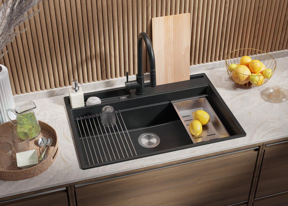 SPÜLBECKEN Oslo Pocket, 2-er set Anthrazit 78/53 cm 1 Becken + Ablauf-Set + Küchenzubehörset ab 80er Unterschrank - Chromfarben/Anthrazit, Kunststoff (78/20/53cm) - Primagran