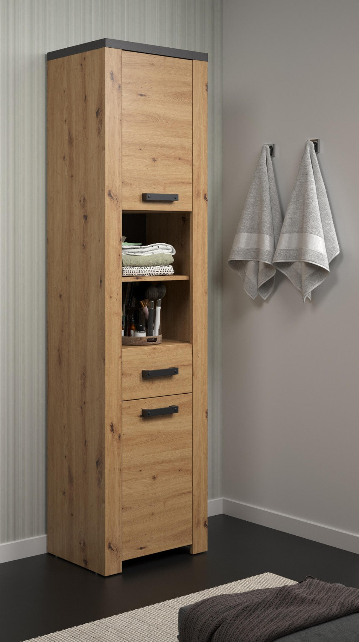HOCHSCHRANK Eiche Artisan, grau 53 x 196 cm, Badschrank Türanschlag wechselbar - Eichefarben/Schwarz, Holzwerkstoff/Kunststoff (53/196/35cm) - Top.Furn