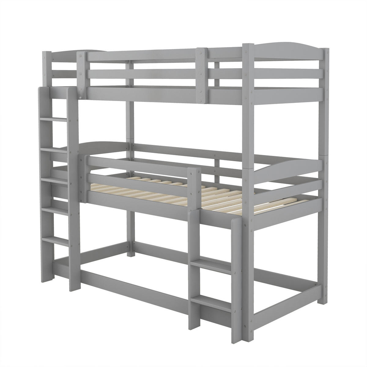 ETAGENBETT 90/200 cm aus Kiefernholz in Grau – 3 Schlafplätze, umbaubar - Grau, Holz - BEAOK