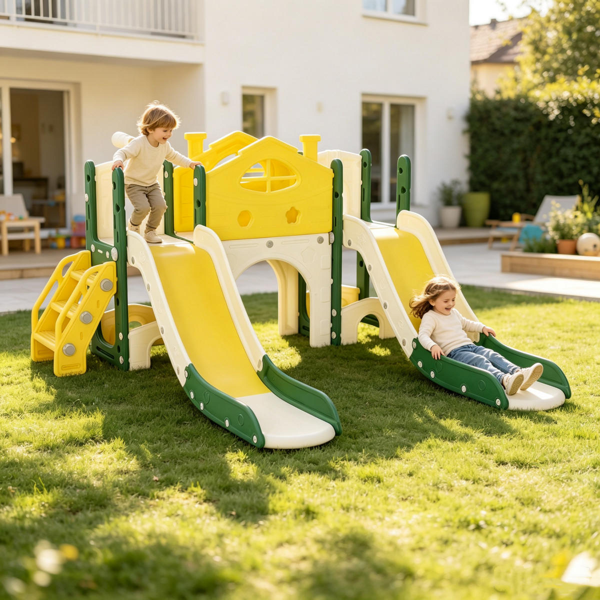 KLETTERGERÜST Indoor & Outdoor 7-in-1 – Gelb/Grün, Kinderrutsche mit Doppelrutsche & Piratenschiff-Design, Spielturm mit Kletterwand & Teleskop - Gelb, Kunststoff (203/95.5/166cm) - BursDany