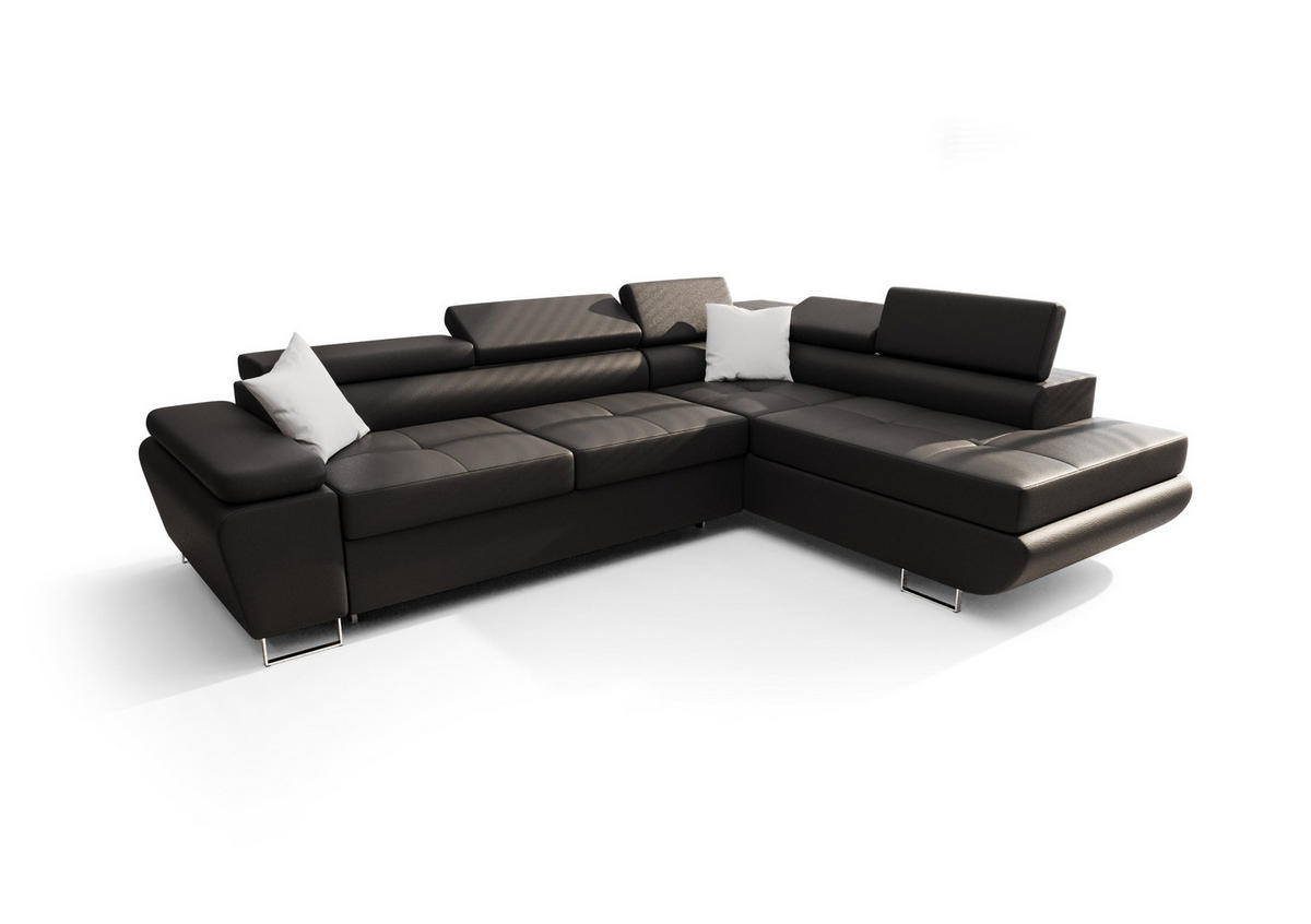 ECKSOFA KONGO RBN04, Eckcouch in L-Form mit Schlaffunktion, Farbe: Schwarz, Kunstleder, Ottomane Rechts - Schwarz, Textil (272/200cm) - O-Sofa