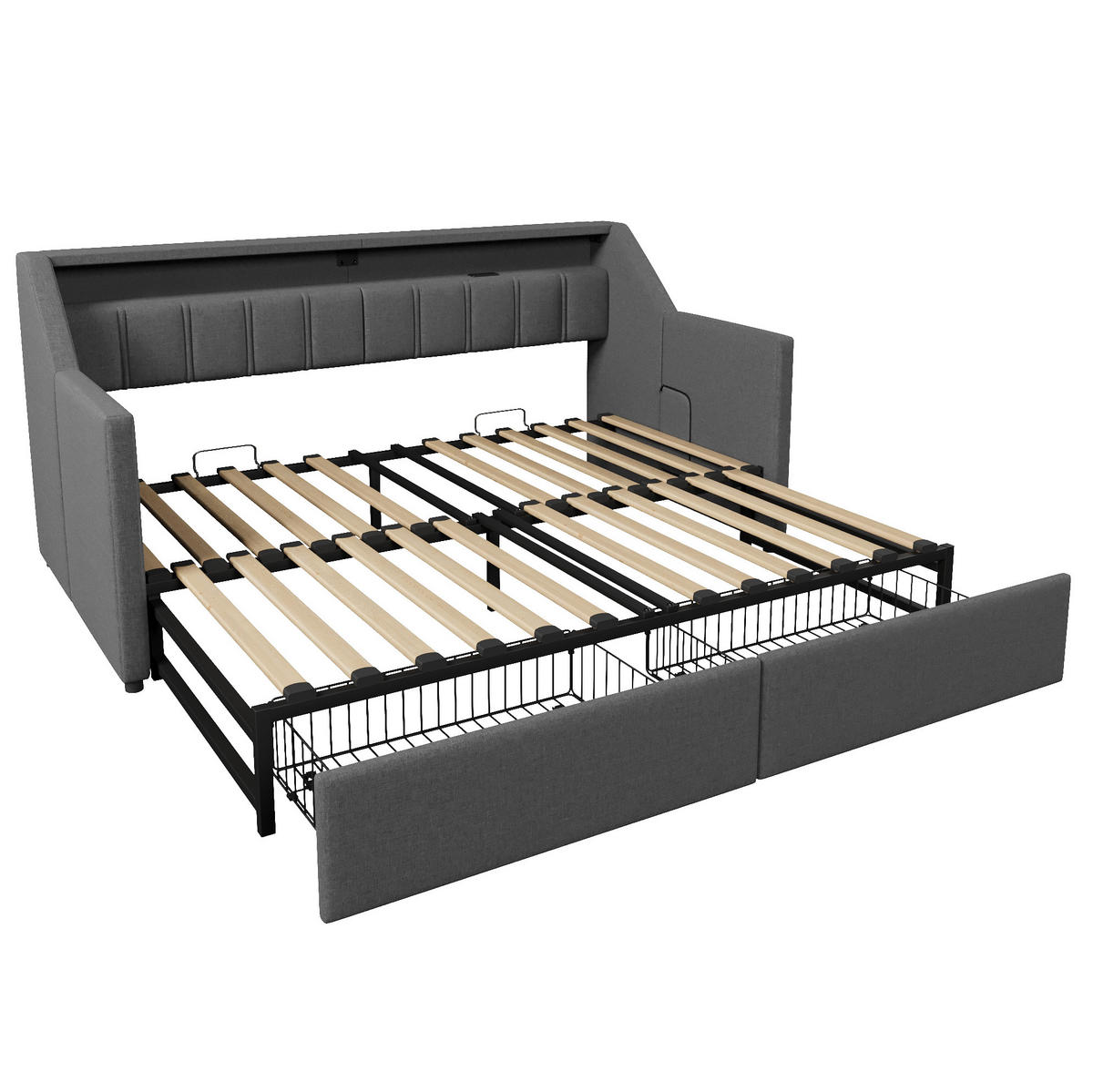 TAGESBETT 90/200 cm aus Leinen mit USB, Type-C, LED-Leiste, 2 Schubladen und Ausziehfunktion, Grau - Grau, Textil (90/200cm) - Redom