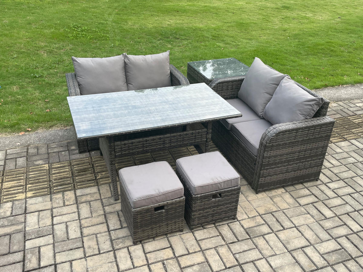 GARTENSET mit Zweisitzer,Hockern,Esstisch Polyrattan 6-Sitzer - Dunkelgrau/Grau, Glas/Kunststoff - Fimous