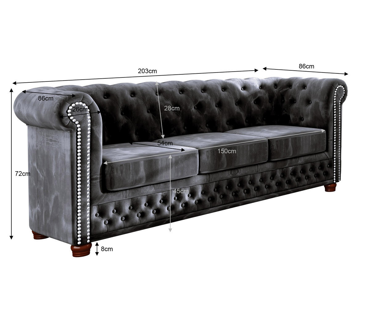 CHESTERFIELD-SOFA 3-sitzer Lauren Schwarz Samt - Schwarz/Braun, Holz/Textil (203/72/86cm) - S-Style Möbel