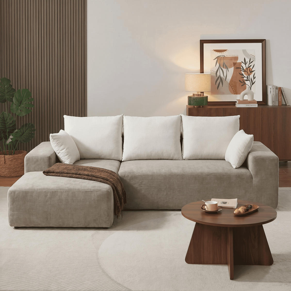 ECKSOFA Luna Sand Weiß 3-Sitzer Links - Weiß, Textil (267/175cm) - COCO Living