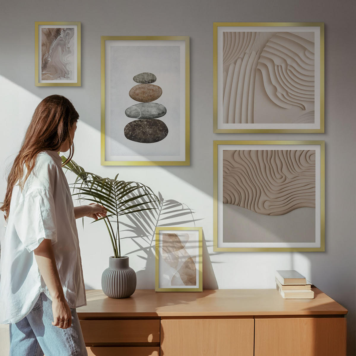 WANDBILDER 5er Set - 50x50 cm & 20x30 cm & 40x60 cm Goldrahmen - Abstrakte bemalte Strukturen - Goldfarben, Kunststoff (40/60cm) - ArtPrintCave