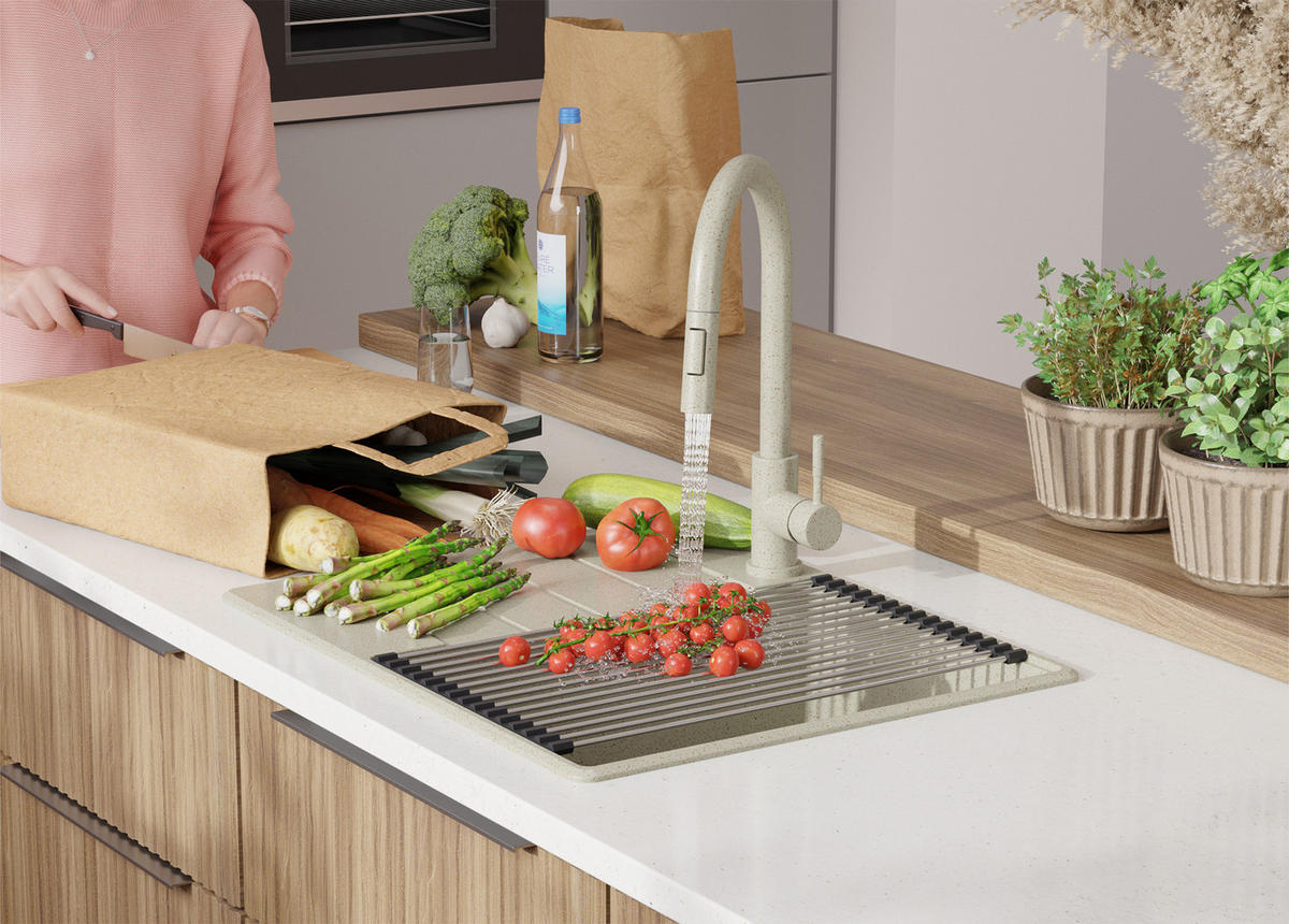 SPÜLBECKEN Kopenhagen, 2-er set Beige 62/50 cm 1 Becken + Ablauf-Set + Schneidebrett ab 45er Unterschrank - Beige, Kunststoff (62/20/50cm) - Primagran