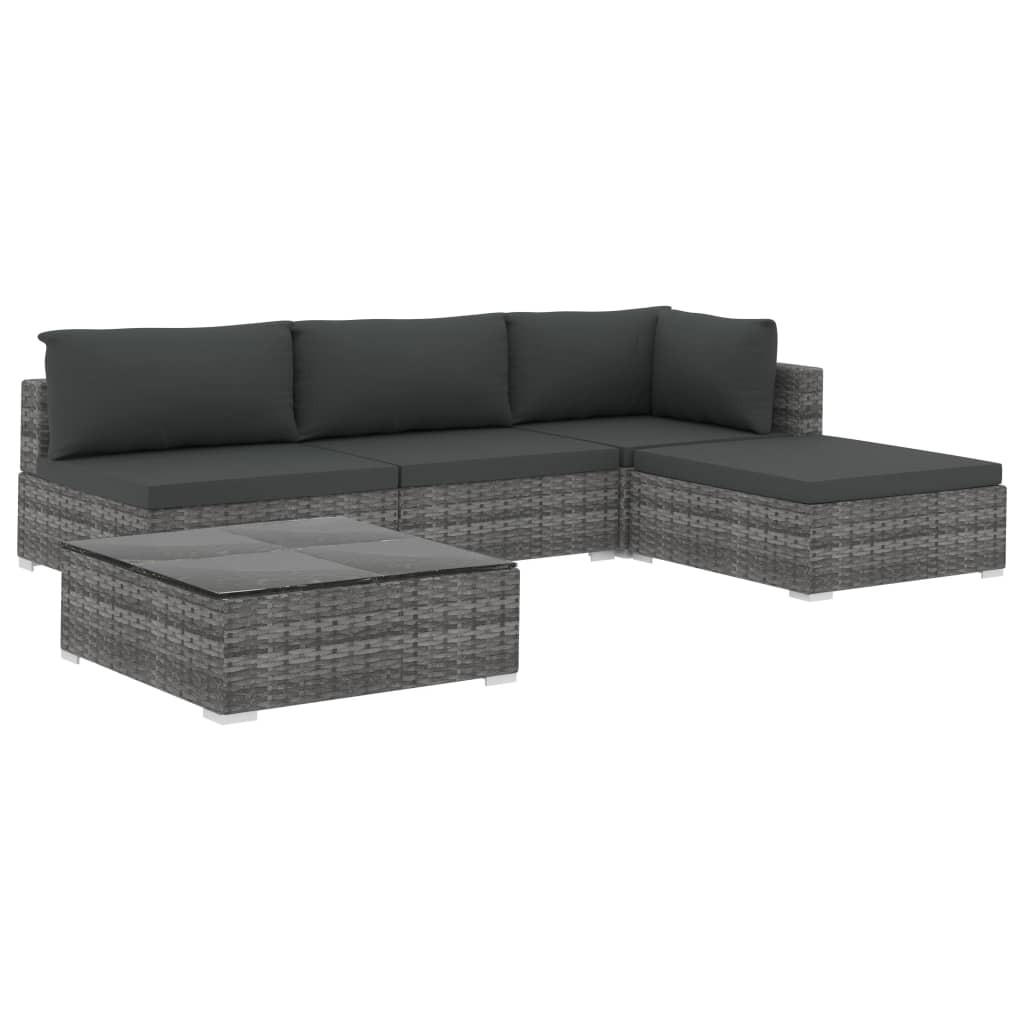 LOUNGEGARNITUR mit Auflagen, aus Poly Rattan, Grau, 5-teiliges Set - Grau, Kunststoff - vidaXL