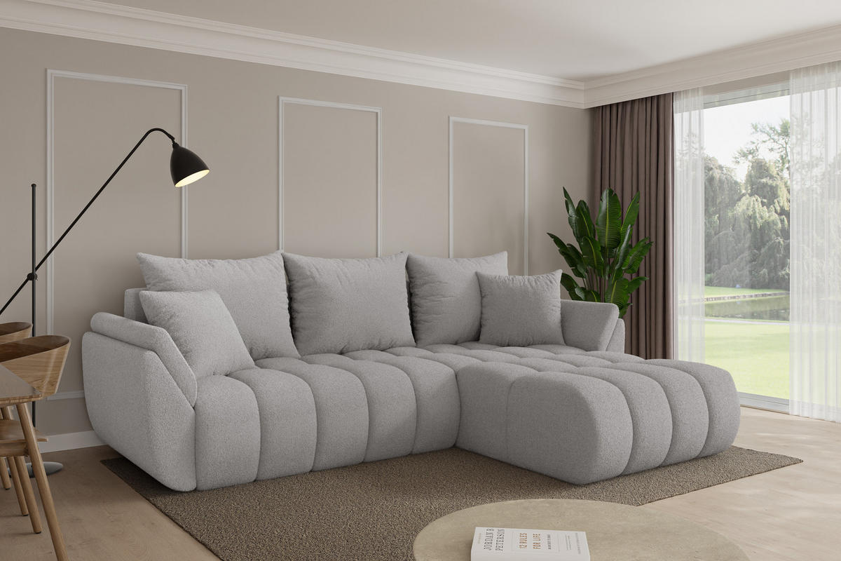 ROHOVÁ SEDAČKA s funkcí spaní, otoman vpravo TOKO-L-v1 277x194x86 světle šedá bouclé - černá/stříbrná, kompozitní dřevo/textil (277/194cm) - ALTDECOR