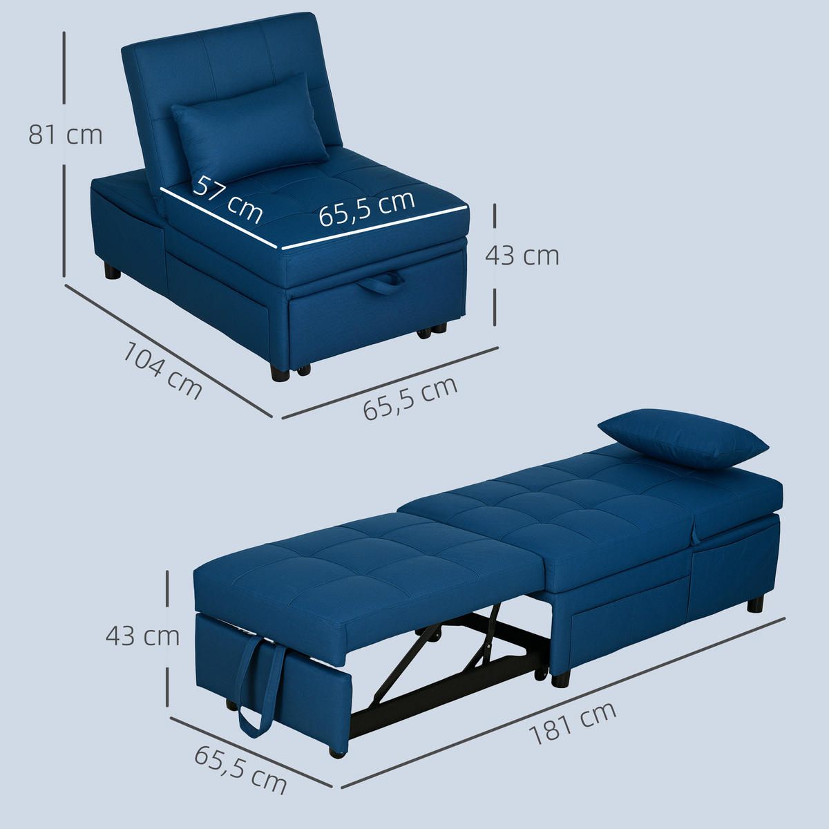 SCHLAFSESSEL 3-in-1, mit Bettfunktion, Blau - Blau, Textil (65.5/81/104cm) - HOMCOM