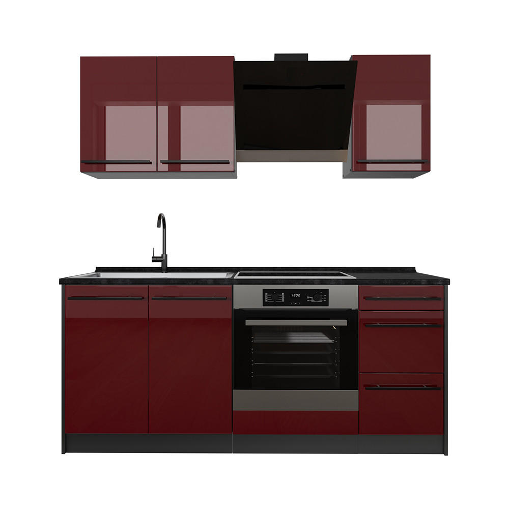 SINGLEKÜCHE R-Line, Rot Hochglanz/Anthrazit, 180 cm Arbeitsplatte Anthrazit - Anthrazit/Rot, Holzwerkstoff (180/206.8/60cm) - Vicco
