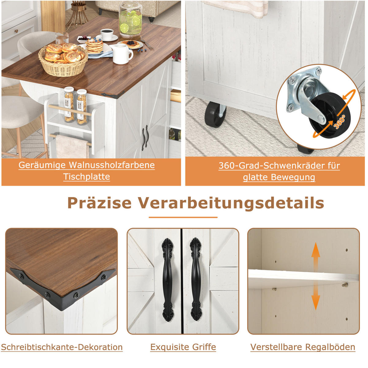 KÜCHENINSEL 140/45/92,5 cm beige mit klappbarer Arbeitsplatte - Weiß, Holzwerkstoff (140/92.5/73cm) - OKWISH
