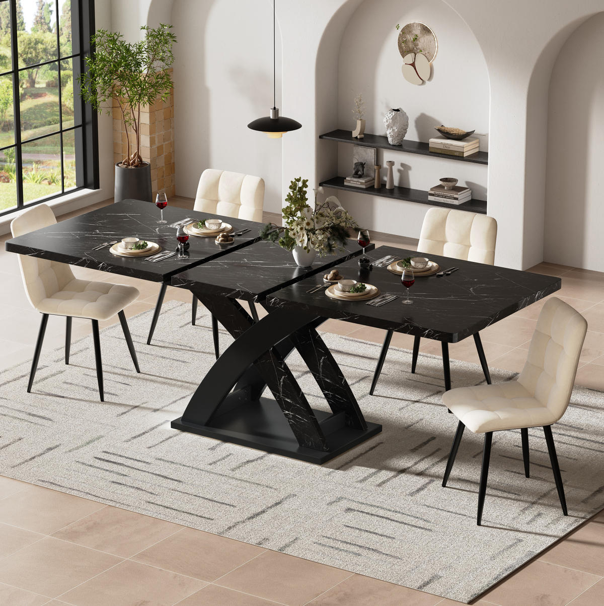 ESSTISCH 120-160x80x75 cm in Schwarz aus MDF auf X-Gestell aus Metall ausziehbar - Schwarz, Holzwerkstoff (160/80/75cm) - Modfu
