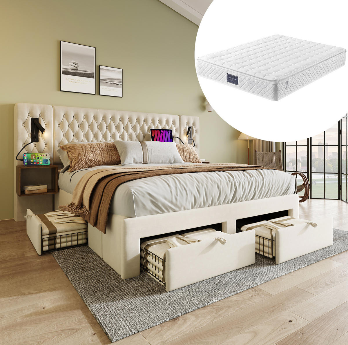 POLSTERBETT 160/200 cm Beige aus Samt mit Matratze - Beige, Textil (160/200cm) - OKMYHOME