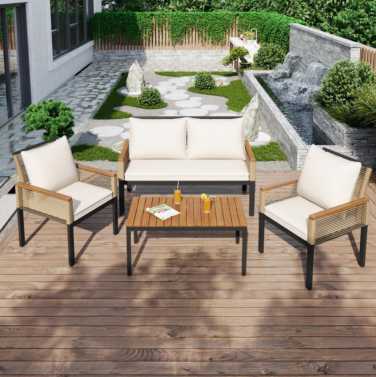 GARTENLOUNGE-SET mit 2 Sesseln, Doppelsofa und Tisch aus Polyrattan mit Akazienholz, Beige - Beige, Metall - Redom