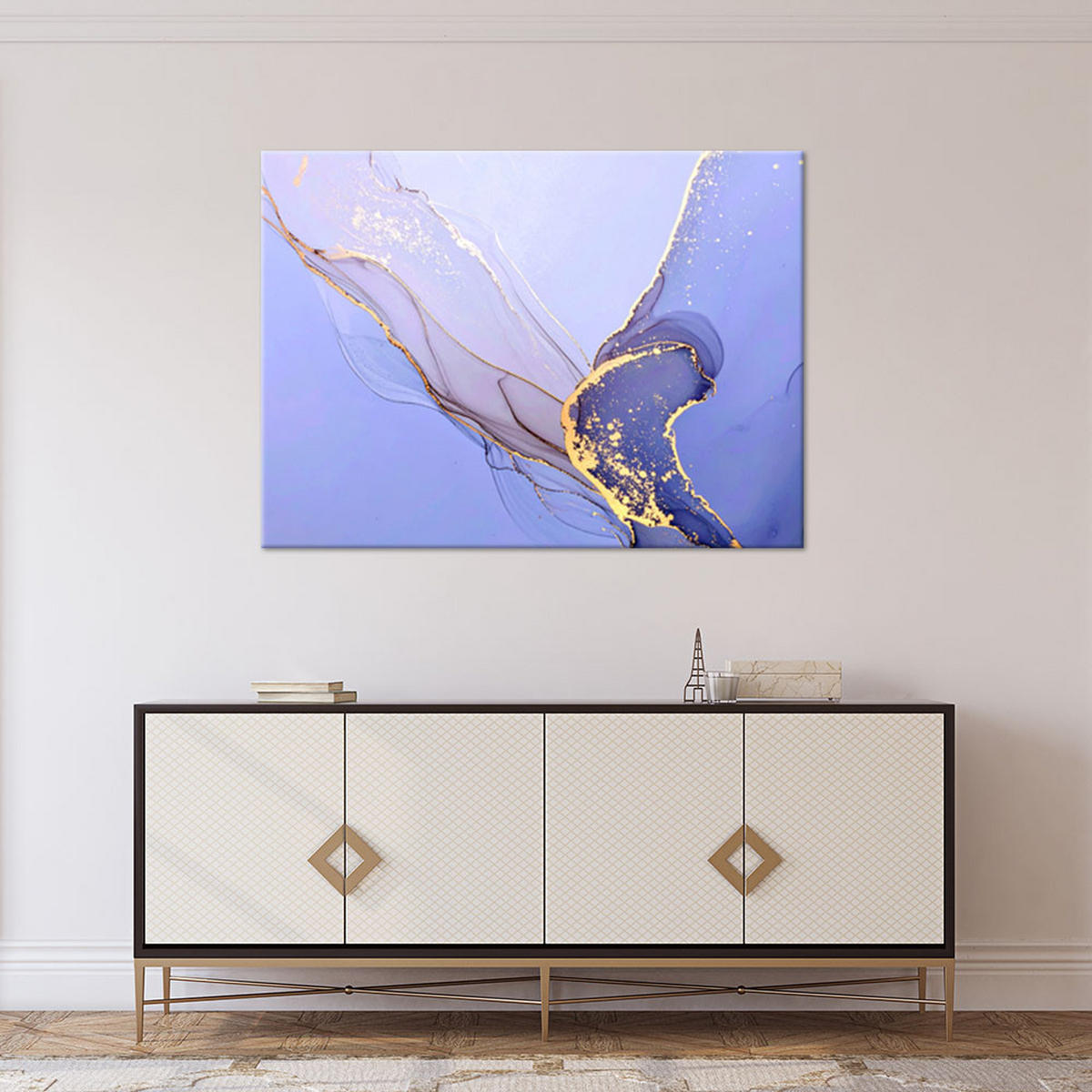 LEINWANDBILD, Blaue Abstraktion mit goldenen Linien - Blau, Textil (90/60cm) - Feeby