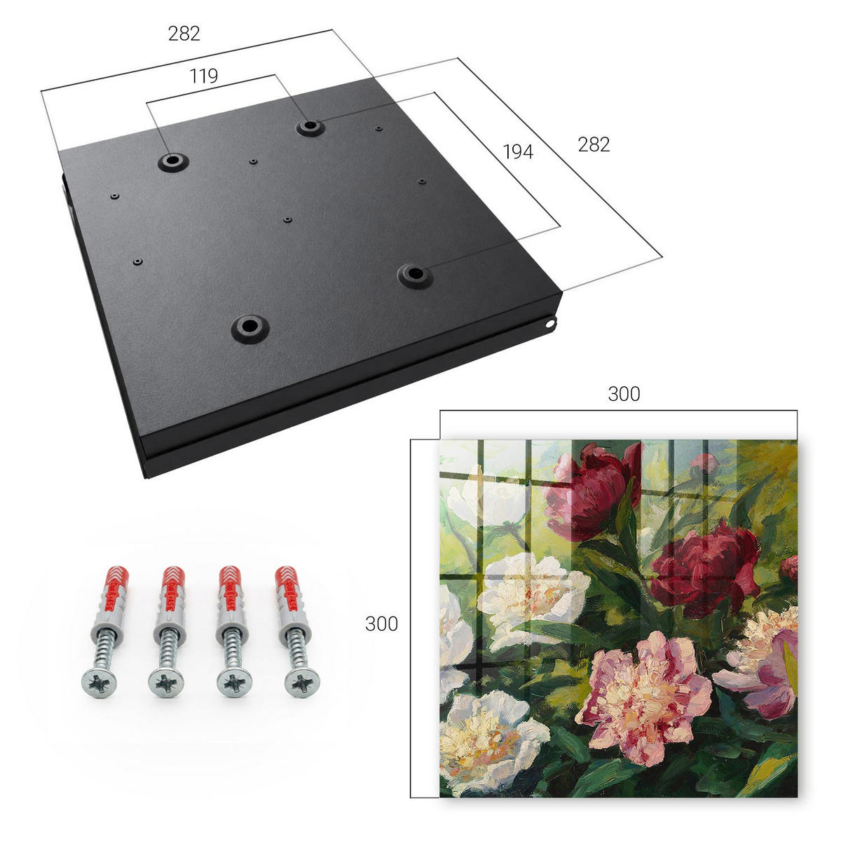 SCHLÜSSELBOX Schwarz 30x30 cm- Türöffnung nach rechts - Bunte Blumen - Grün, Metall (30/30/5cm) - TULUP