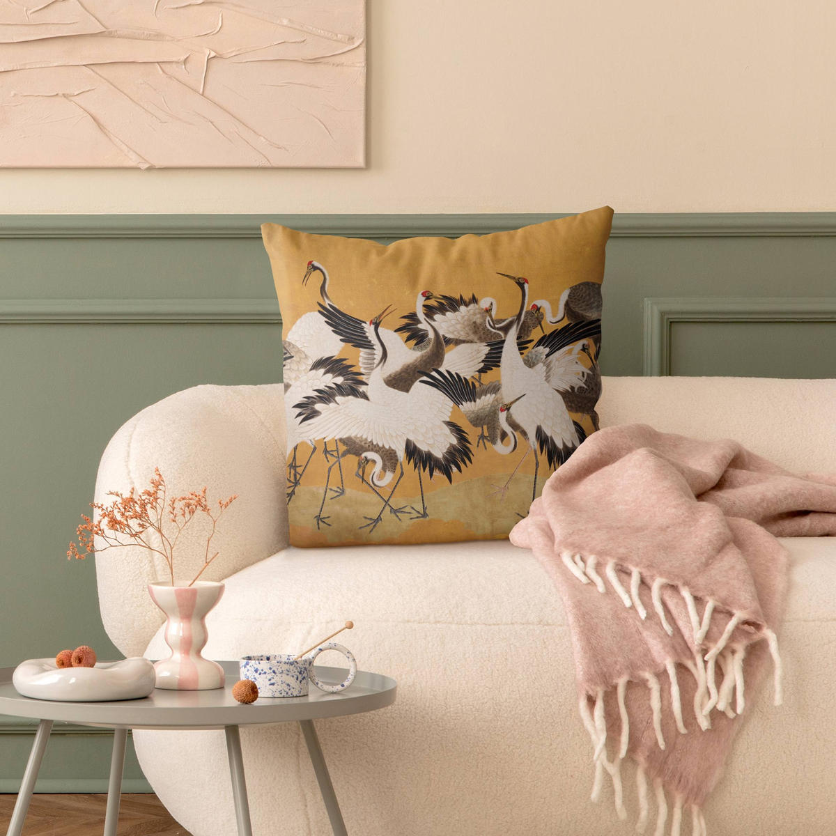 KISSENBEZUG Tanzende Kraniche im Freudentaumel 50/50 cm - Goldfarben, Textil (50/50cm) - Bilderwelten