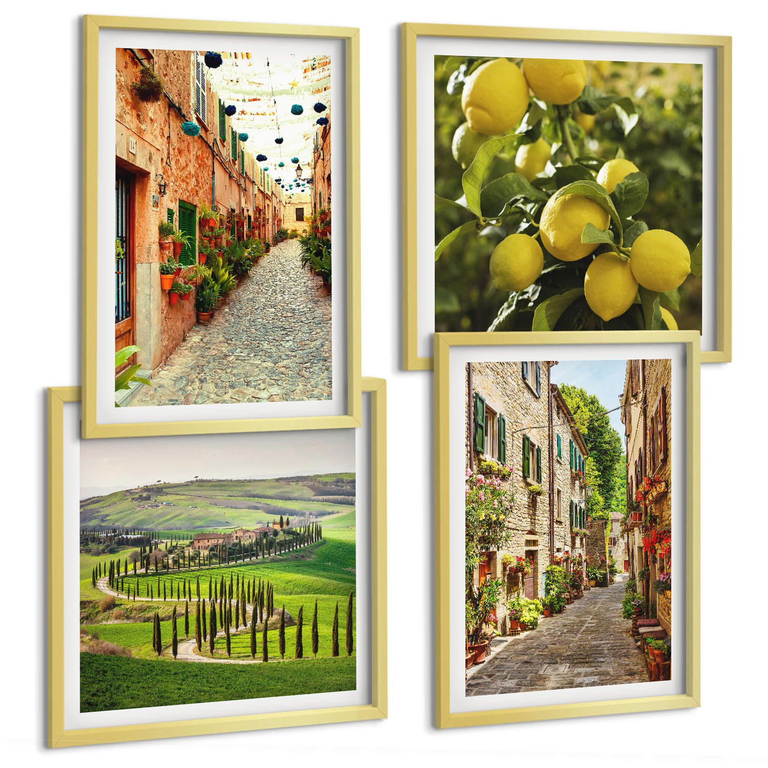 BILDER SET 4er Set - 50x50 cm & 40x60 cm Goldrahmen - Bezaubernde Straßen voller Zitronenblüten - Goldfarben, Kunststoff (50/50cm) - TULUP