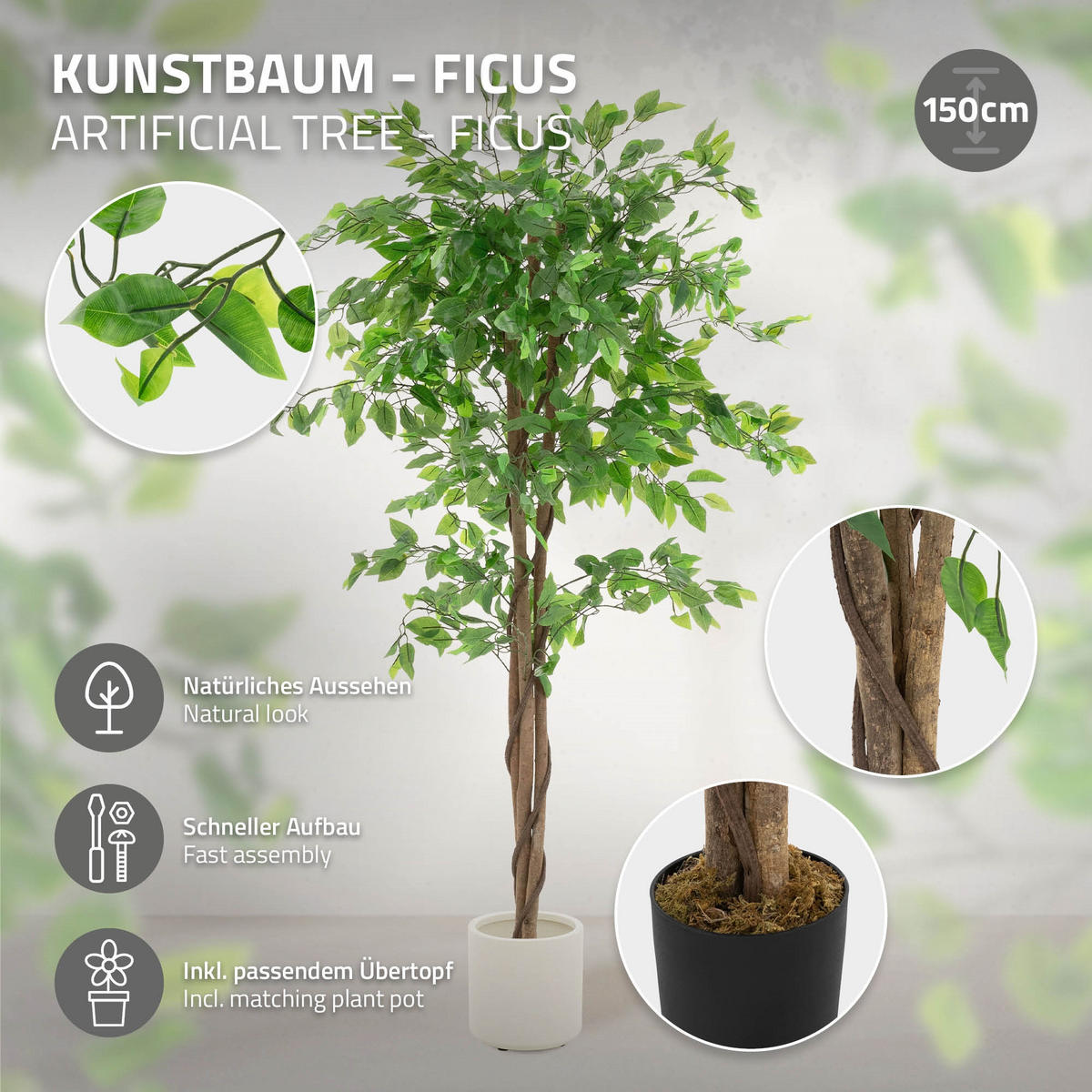 KUNSTPFLANZE Ficus 150 cm mit Naturholzstamm für Innen/Außen - Schwarz/Grün, Kunststoff/Textil (150cm) - ML-DESIGN