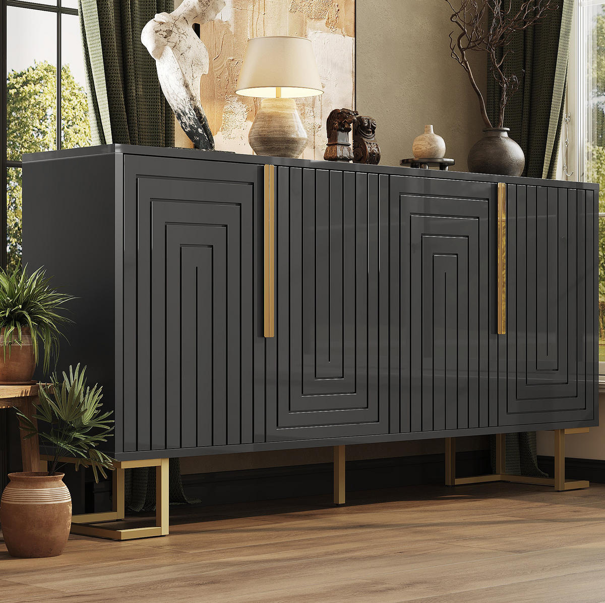 SIDEBOARD 152/40/75 cm mit 2 Türen, 4 Fächern und Kippschutz aus MDF, Schwarz - Schwarz, Holzwerkstoff (152/75/40cm) - Redom