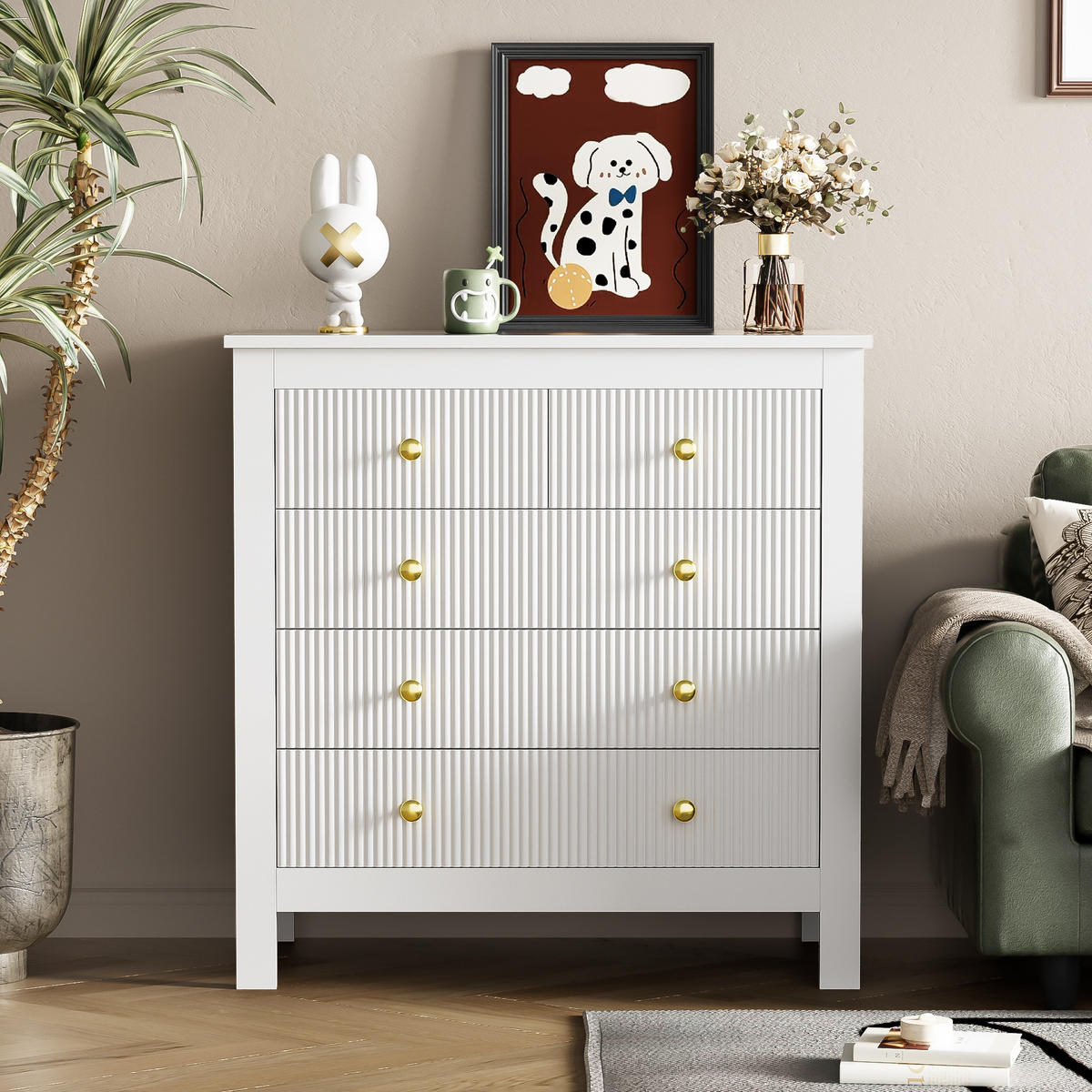 KOMMODE in Weiß mit Spezialtüren und 5 Schubladen für Wohnzimmer, B79/T39.5/H80.5 cm - Weiß, Holzwerkstoff (79/80.05/39.5cm) - STILVORA