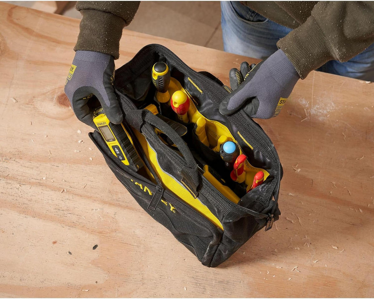 WERKZEUGTASCHE – 8 Innenfächer – verstärkter Boden – Tragegriff aus Baumwolle – 300 x 130 x 250 mm, schwarz - Schwarz, Textil (13/25/30cm) - DCA