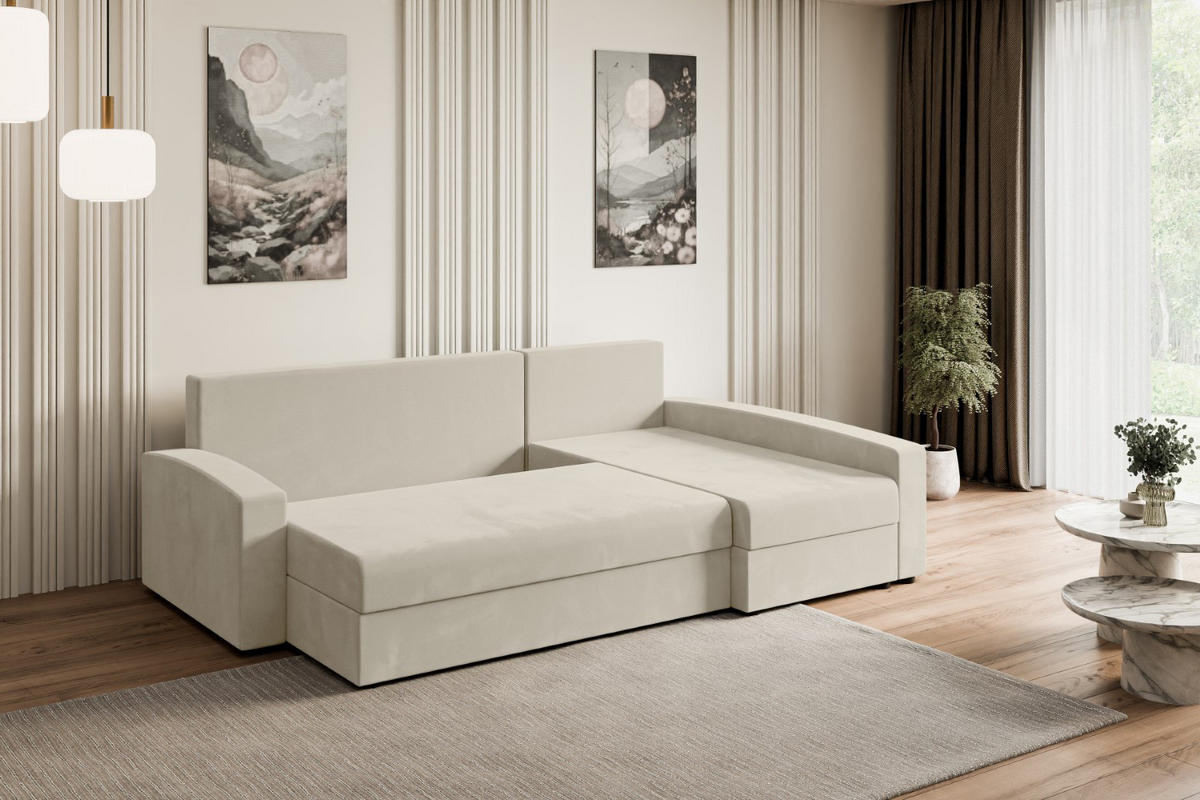 ECKSOFA mit Schlaffunktion und Bettkasten ALESIA-L 231x140x90 cm Beige Velours - Beige/Silberfarben, Holzwerkstoff/Kunststoff (231/140cm) - ALTDECOR