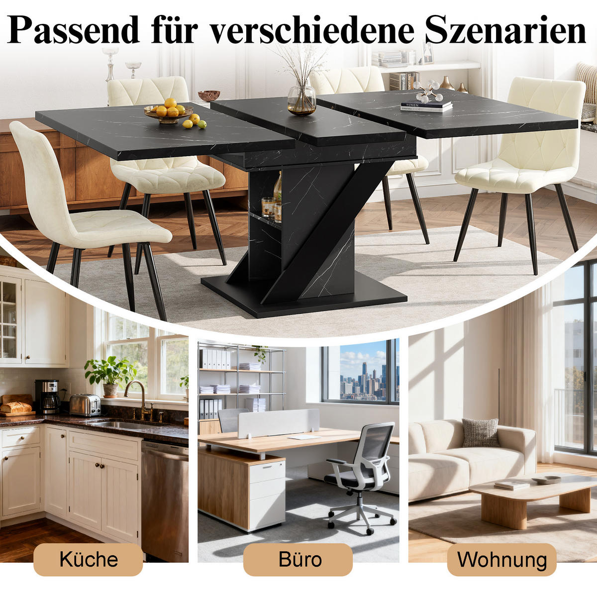 ESSTISCH Teleskop 110-140x80Cm Marmoroptik Schwarz - Schwarz, Holzwerkstoff (80/110/75cm) - FLIEKS