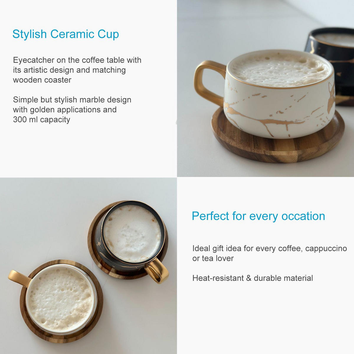 KAFFEETASSE Marmor Design 200 ml mit Untersetzer (6-tlg.) - Weiß, Keramik (13/6.3/13cm) - Intirilife