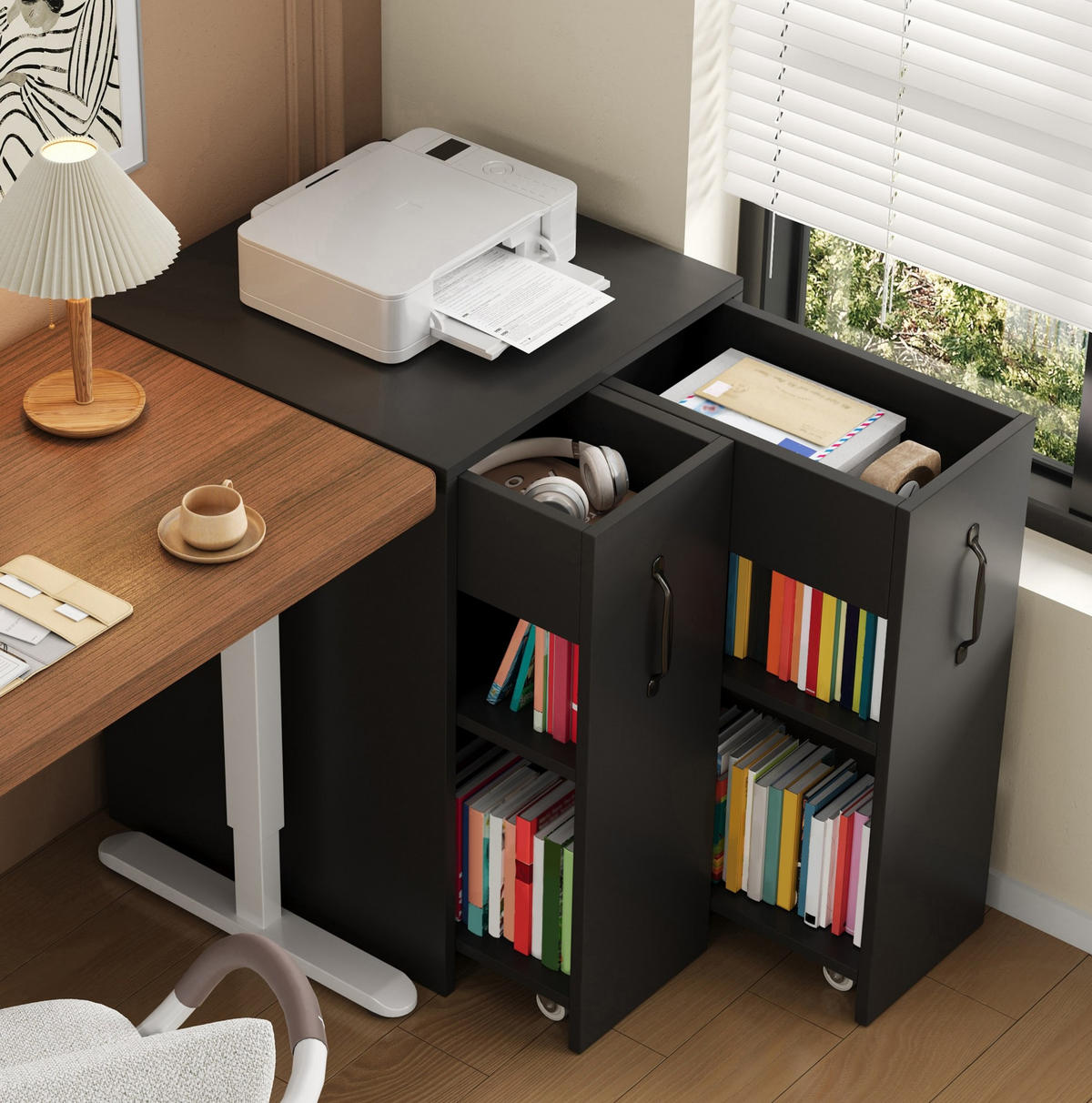 SIDEBOARD 52/50/75 cm mit Rollen und ausziehbaren Fächern in Schwarz - Schwarz, Holzwerkstoff (52/75/50cm) - BEAOK