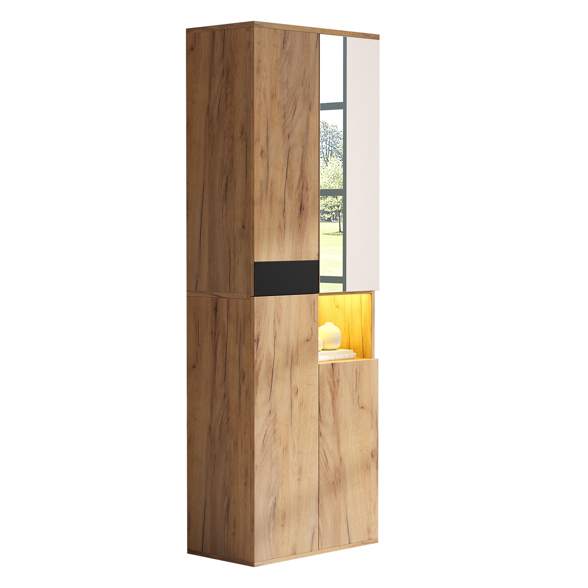 HOCHSCHRANK 65/35/190 cm in Natur und Schwarz aus Spanplatte mit Spiegel - Naturfarben/Weiß, Holzwerkstoff (65/190/35cm) - CHICFURN