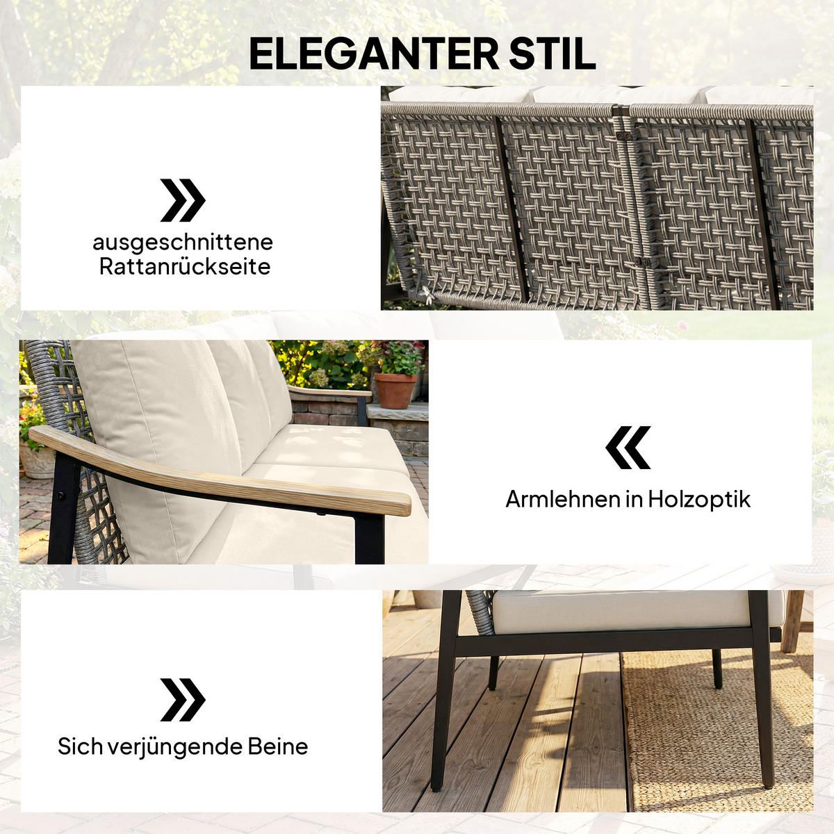 GARTENSOFA 3-Sitzer DE-06775 mit abnehmbaren Kissen Khaki - Taupe, Kunststoff/Metall (75/78/176cm) - ComfortXL