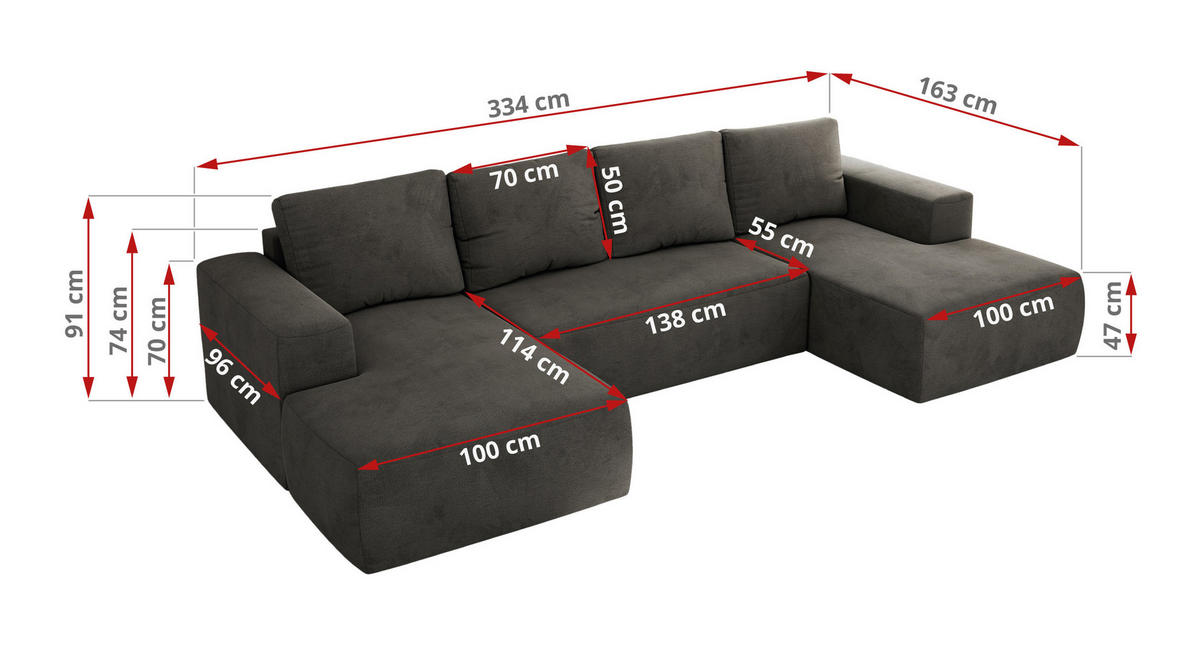 WOHNLANDSCHAFT TRENTINO U Dunkelgrau Velvet - Dunkelgrau, Textil (334/91/163cm) - MKS