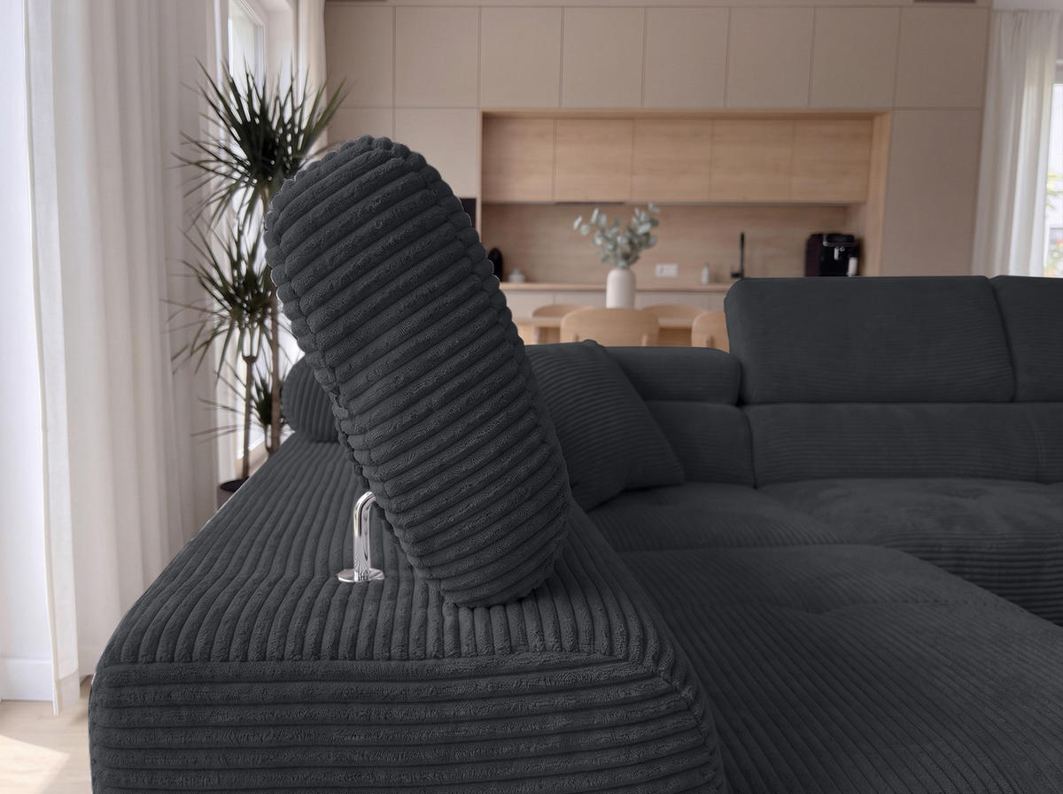 ECKSOFA L Form Konak Schwarz 276/201/90 cm Links mit Schlaffunktion - Silberfarben/Schwarz, Textil/Metall (203/276cm) - AX Living