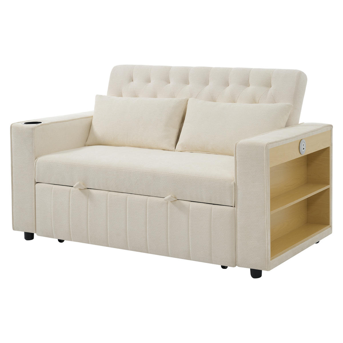SCHLAFSOFA Multifunktion mit Getränkehalter und USB-Ladeanschlüssen Chenille Beige 140/137/84 cm - Beige, Textil (140/84/137cm) - OKWISH