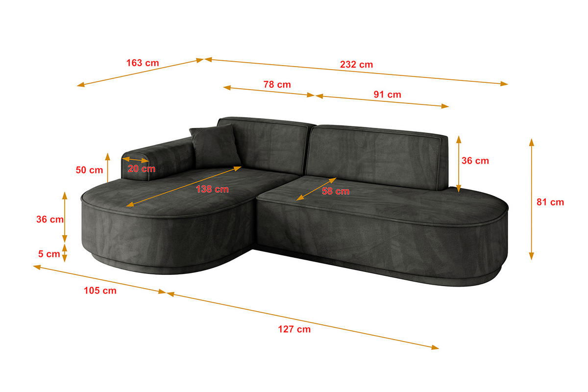 ECKSOFA Ottomane Links MARI-L1-v3 - 232x163x81 cm Dunkelgrau Velours - Dunkelgrau/Schwarz, Holzwerkstoff/Kunststoff (232/163cm) - ALTDECOR