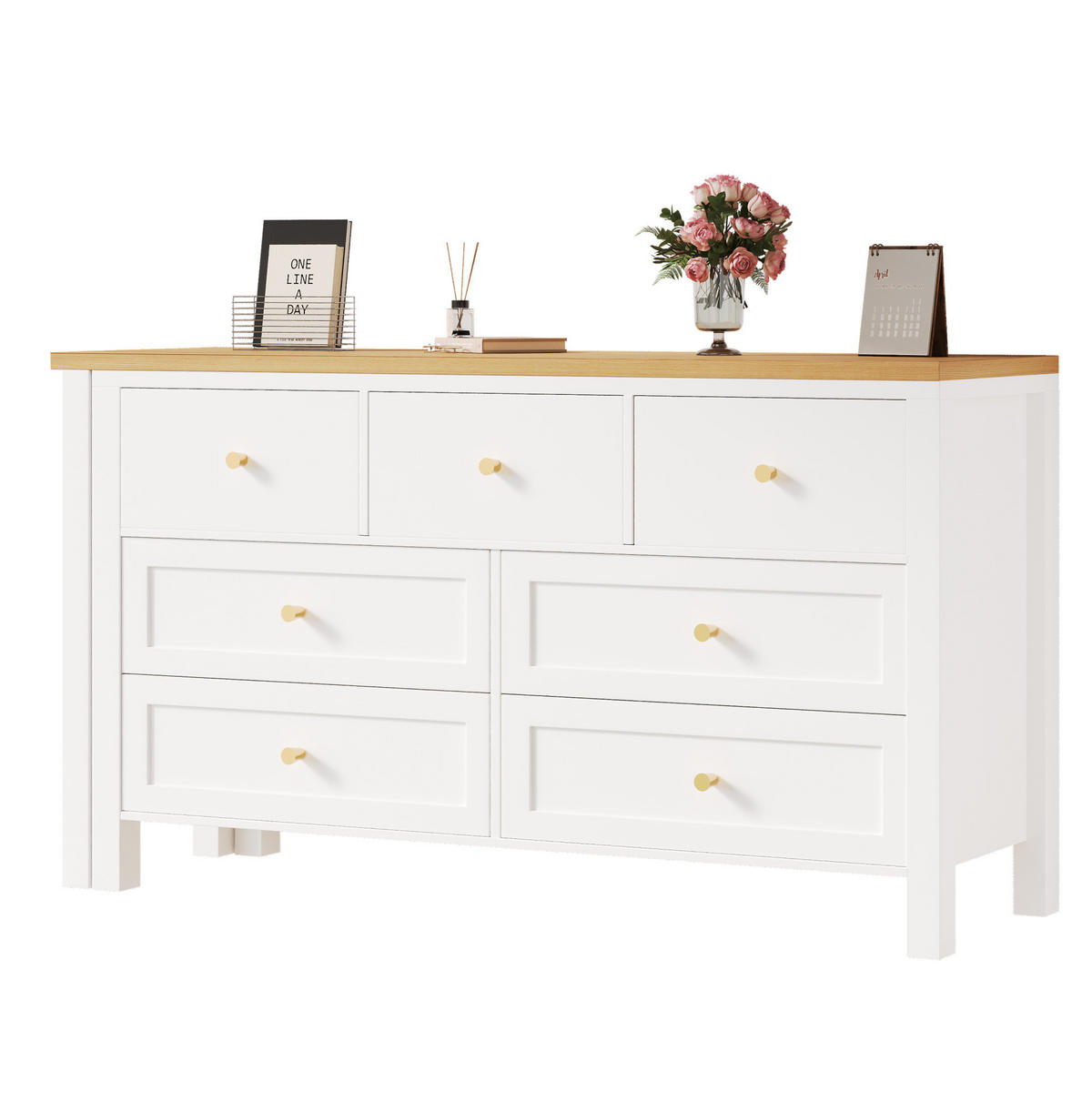 SCHREIBTISCH drehbar 120 x 40 x 70 cm Eichenoptik Weiß mit 7 Schubladen - Eichefarben, Holz (120/40/70cm) - Meubliv