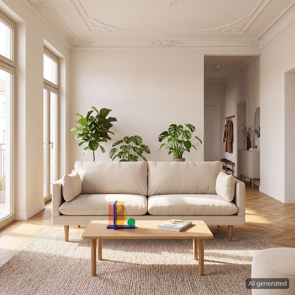 3-SITZER SOFA - Webstoff - Beige/Buchefarben, Holz/Buchenholz (200/83/153cm) - home24