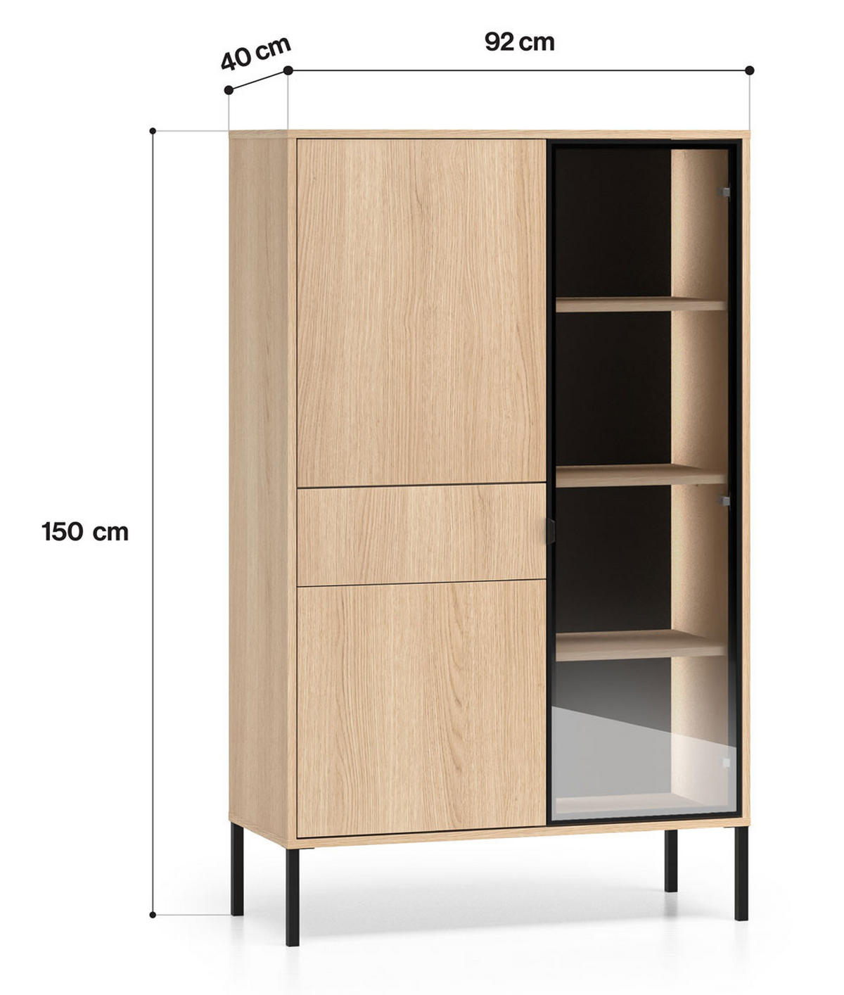 VITRINE Barnee Lindberg Eiche 92 / 40 / 150cm - Eichefarben/Schwarz, Holz/Holzwerkstoff (92/150/40cm) - Feldmann-Wohnen