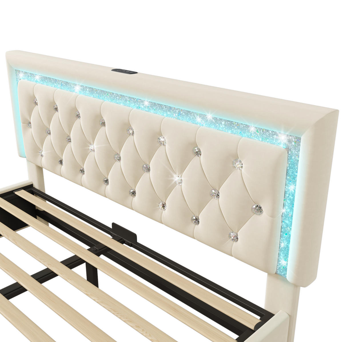 POLSTERBETT 140/200 cm Beige aus Samt mit LED, USB und Stauraum - Beige, Textil (140/200cm) - OKMYHOME
