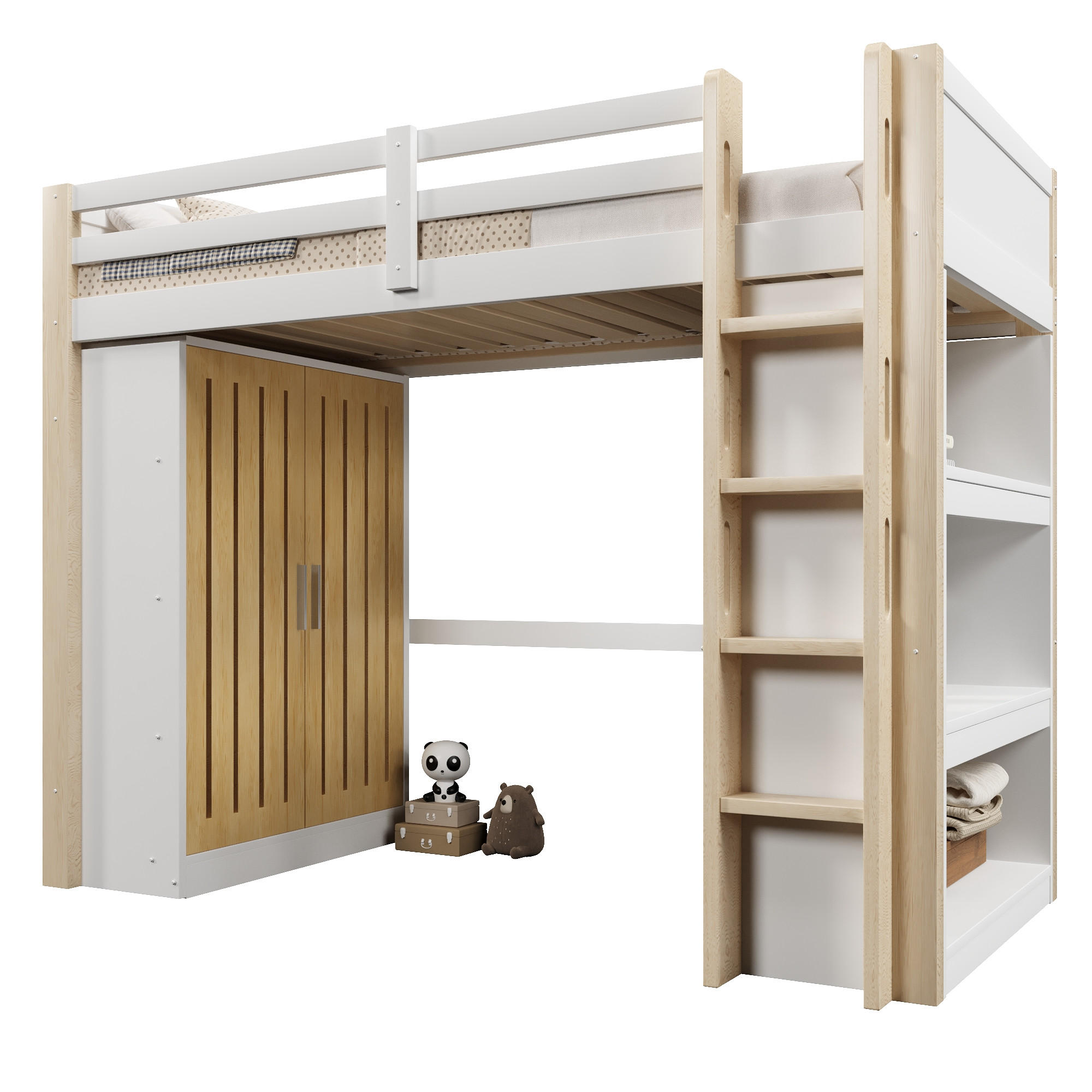 HOCHBETT mit Kleiderschrank und Regal 90x200 cm Kiefer Weiß/Natur - Weiß, Holz (90/200cm) - Meubliv