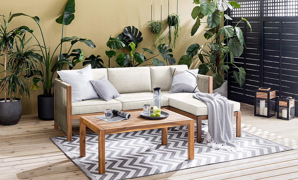 LOUNGESET - Akazie massiv / Polyester - 3-teilig - Beige/Braun, Holz/Textil - home24