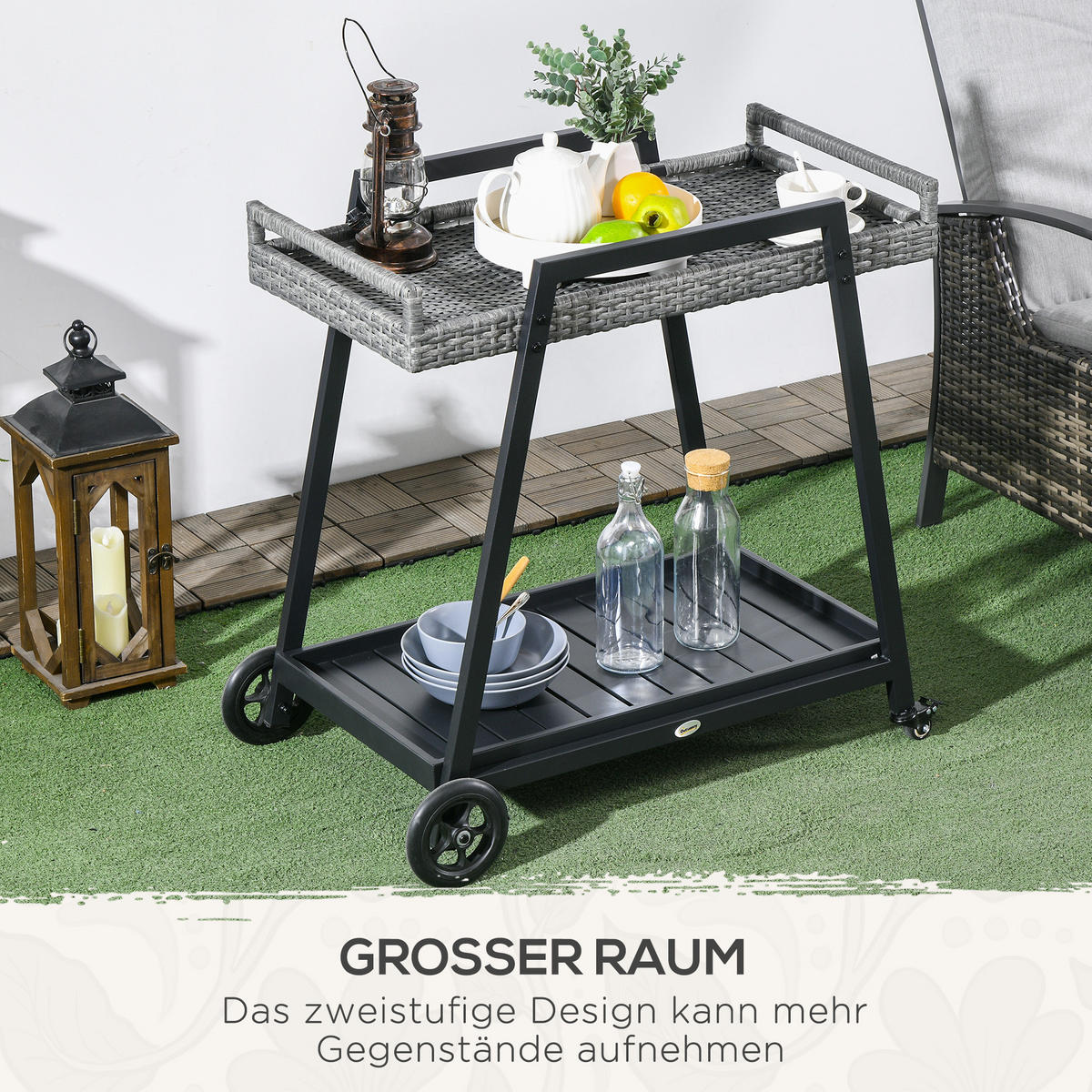 RATTAN Servierwagen Trolley mit Ablage, für Balkon, Stahl, Grau - Grau, Metall (52/82/79cm) - Outsunny