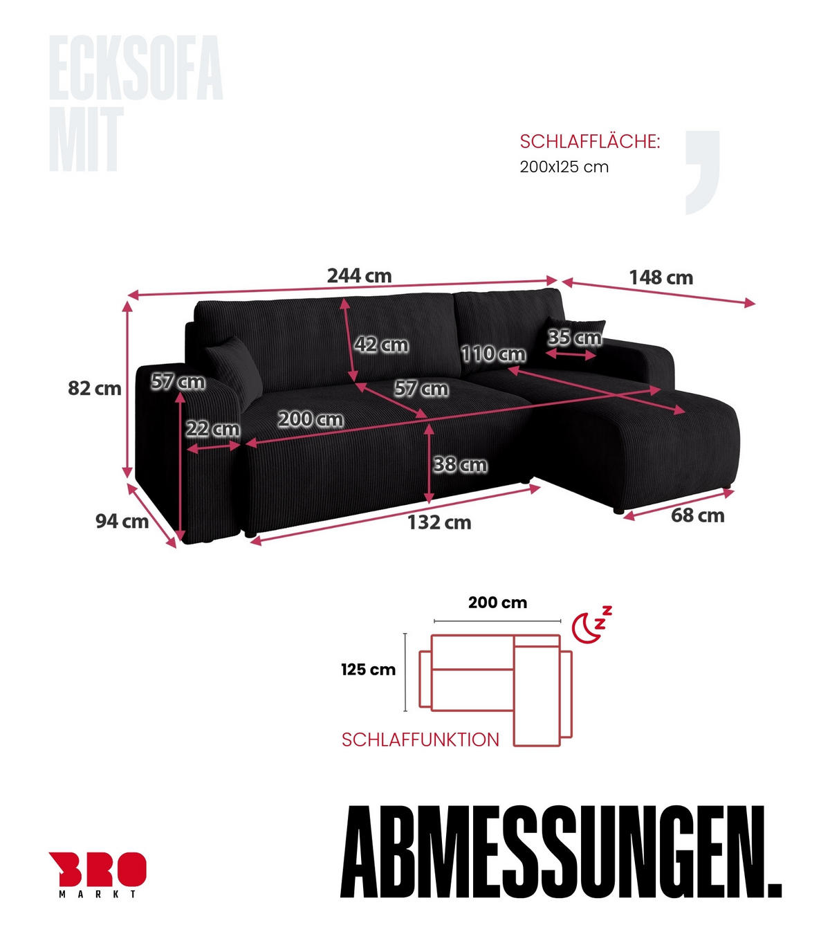 ECKSOFA PUMI mit Schlaffunktion Schwarz Cord - Schwarz, Textil (244/148cm) - Bromarkt