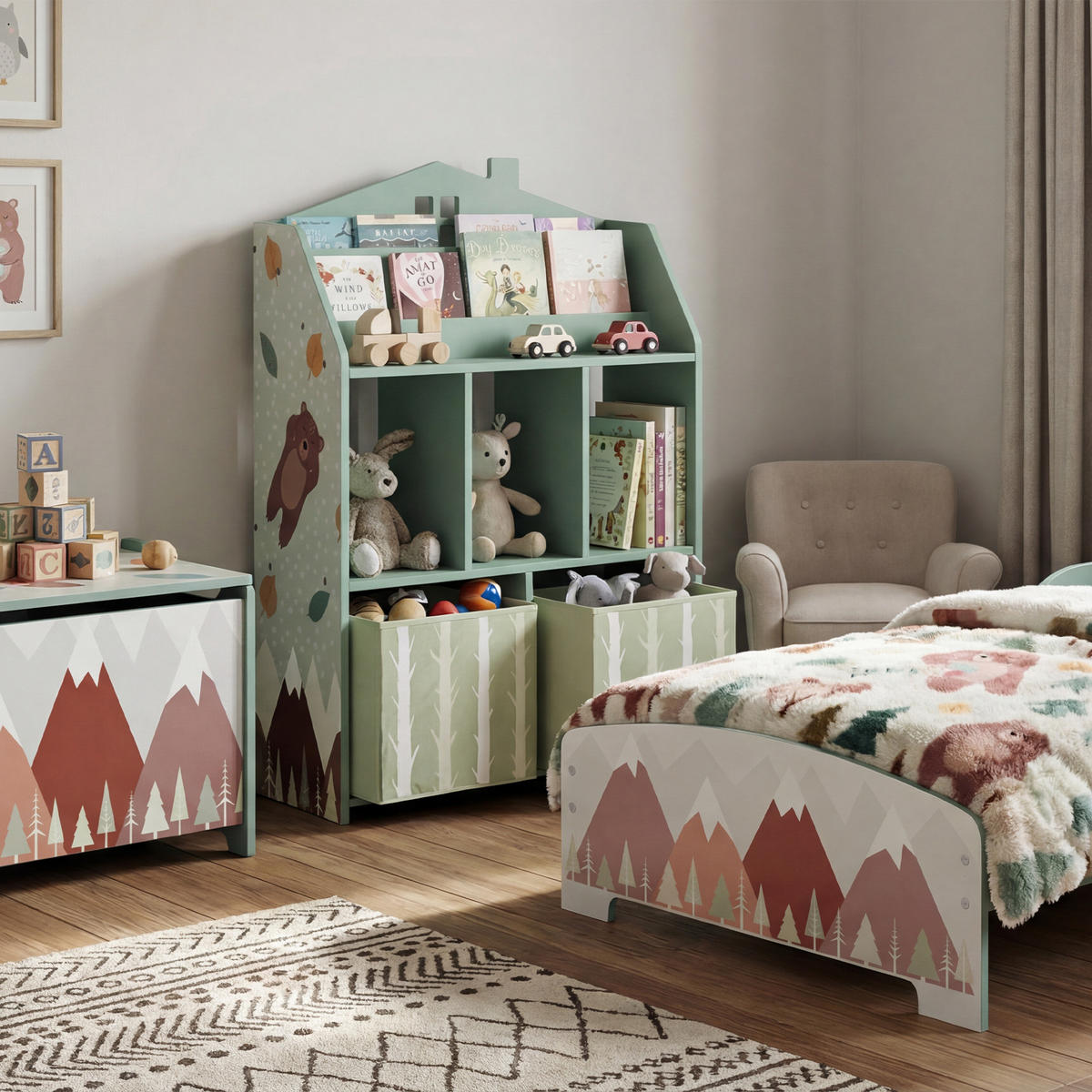 KINDERREGAL DE-17292 mit 2 Stoffschubladen & Bären-Motiv Grün - Grün, Holzwerkstoff (62.5/91.5/30cm) - ComfortXL