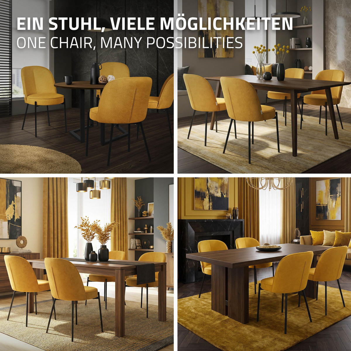 JÍDELNÍ ŽIDLE, sada 6 ks, hořčičná, s látkovým potahem - černá/žlutá, kov/textil (50/83/63cm) - ML-DESIGN
