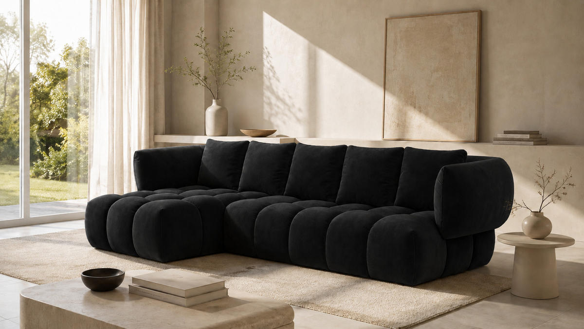 ECKSOFA L-Form, Veloursstoff Bluvel, Schwarz, Links, SEVIO L - Schwarz, Holz (242/175cm) - Kaiser Möbel